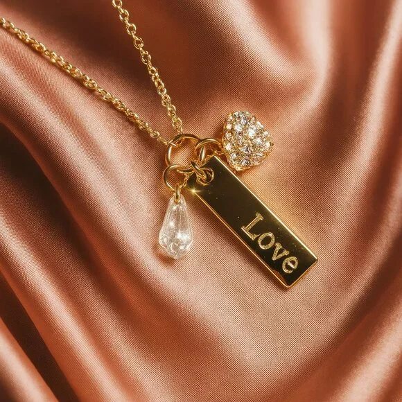 Romantic Gold-Tone Love Necklace, Crystal Heart & Teardrop Charm Pendant Jewelry - Picture 1 of 10